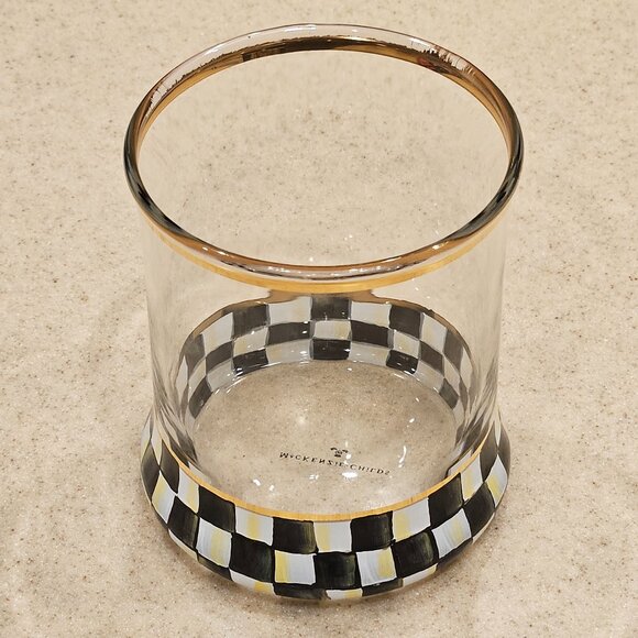 RARE MACKENZIE CHILDS BLACK COURTLY CHECK DOF WHISKEY BAR DRINKING GLASS TUMBLER - Picture 1 of 8